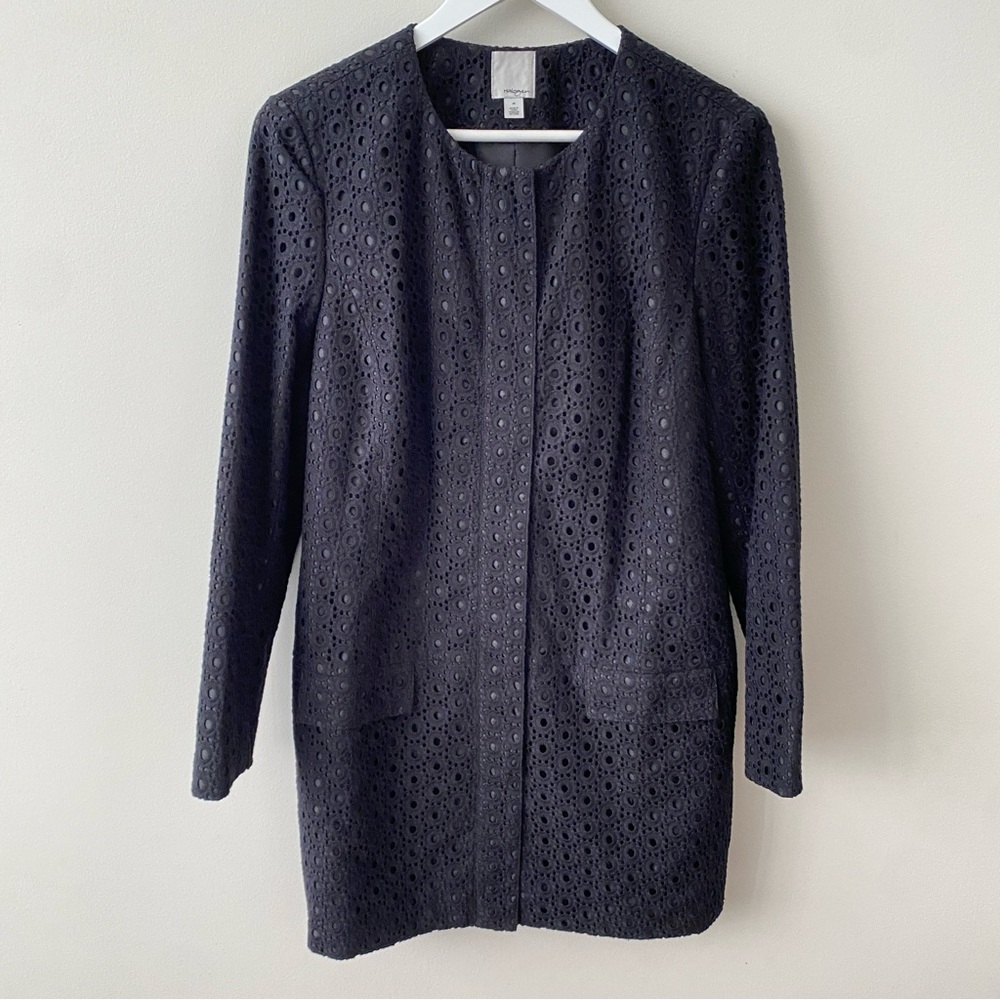 Halogen Black Eyelet Women's  Long Length Blazer Zip Front Size Medium